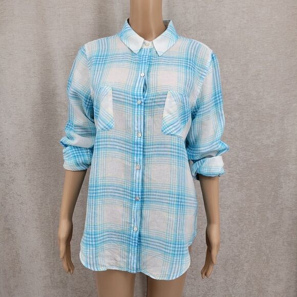 Lilly Pulitzer Linen Sea View Button Down Top Shirt Blue Beach Day Plaid Medium - Picture 8 of 13